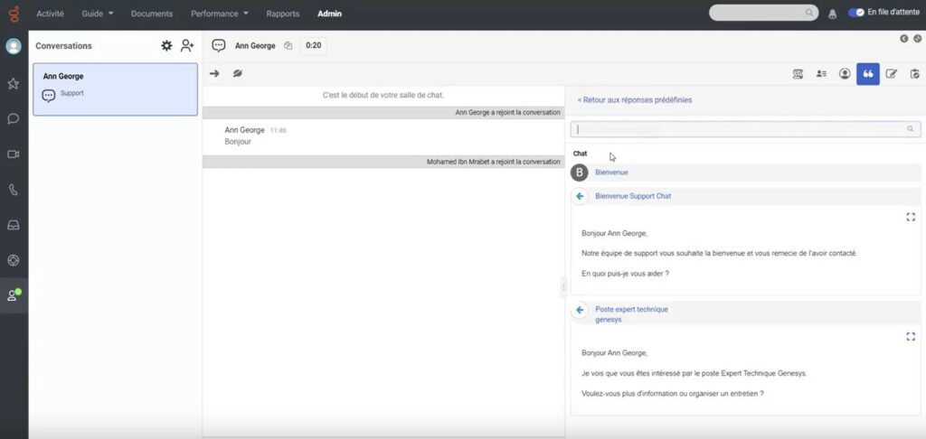 Vue de l'Interface Genesys avec les réponses prédéfinies proposées sur le chat